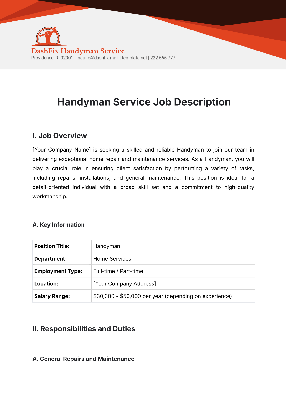 Handyman Service Job Description Template - Edit Online & Download