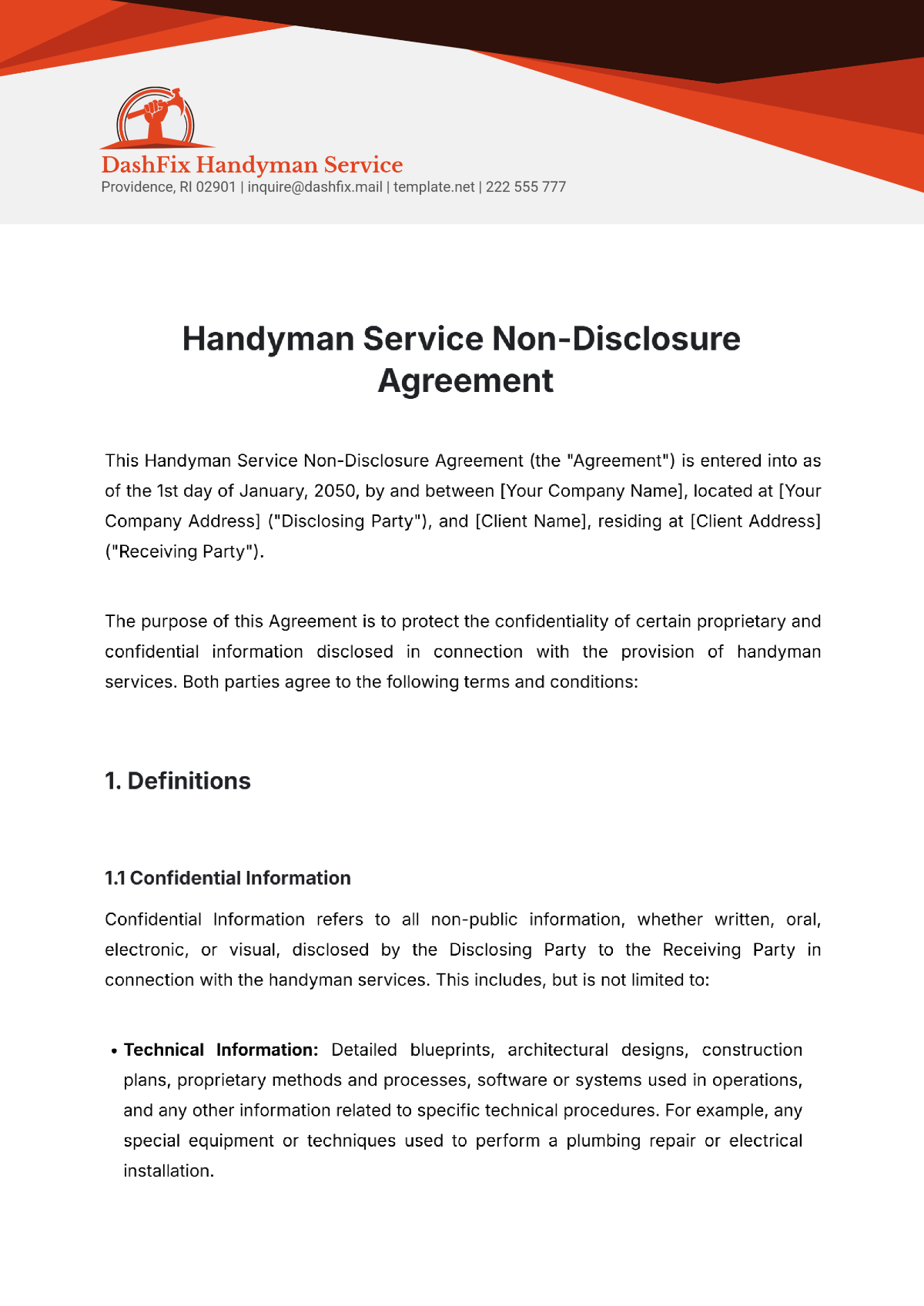 Handyman Service Non-Disclosure Agreement Template - Edit Online & Download