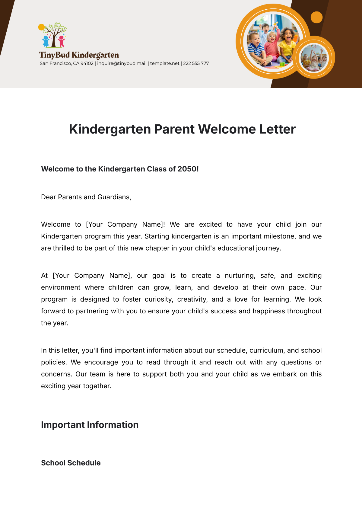 Kindergarten Parent Welcome Letter Template