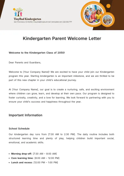 Free Kindergarten Parent Welcome Letter Template to Edit Online