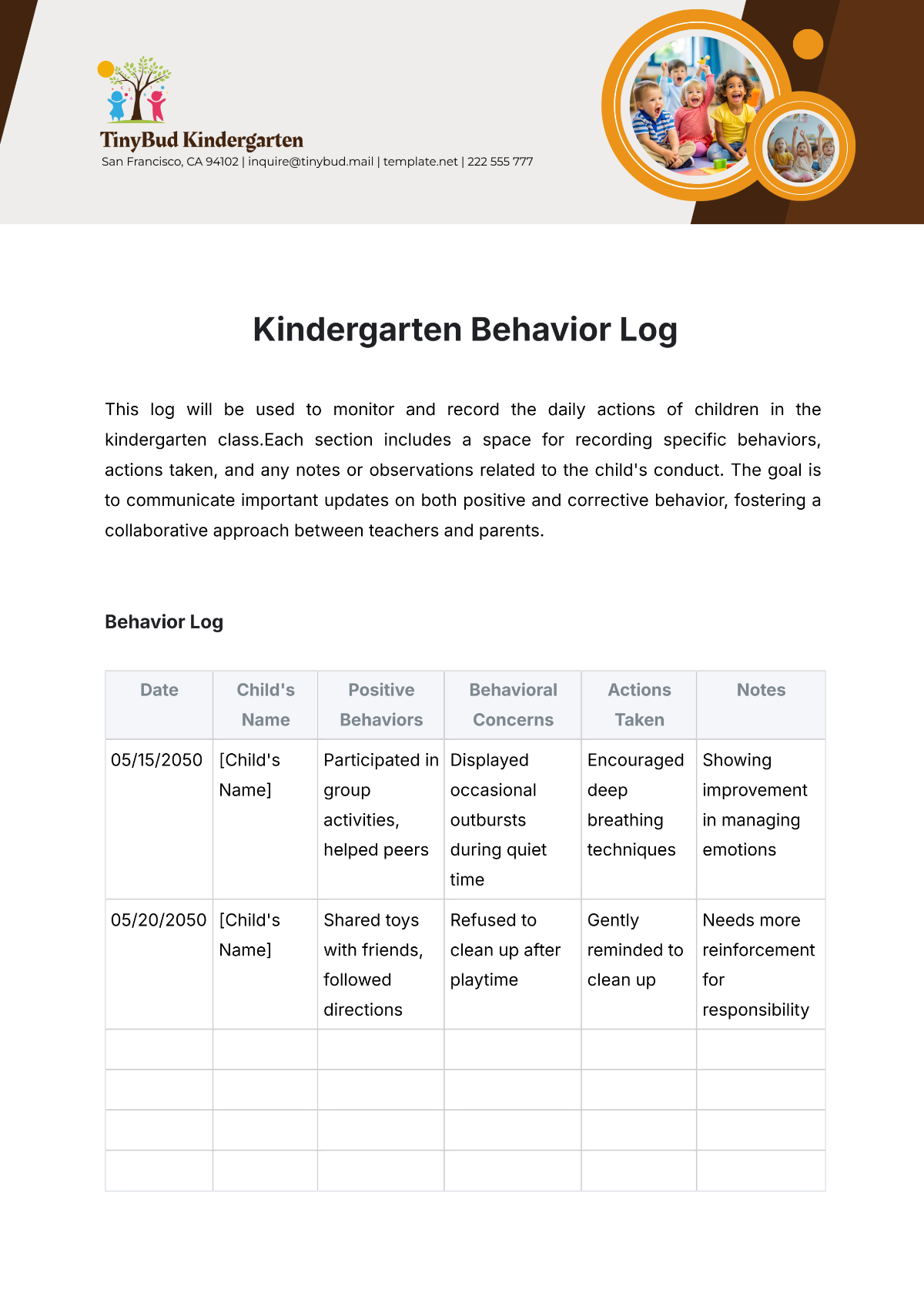 Kindergarten Behavior Log Template - Edit Online & Download