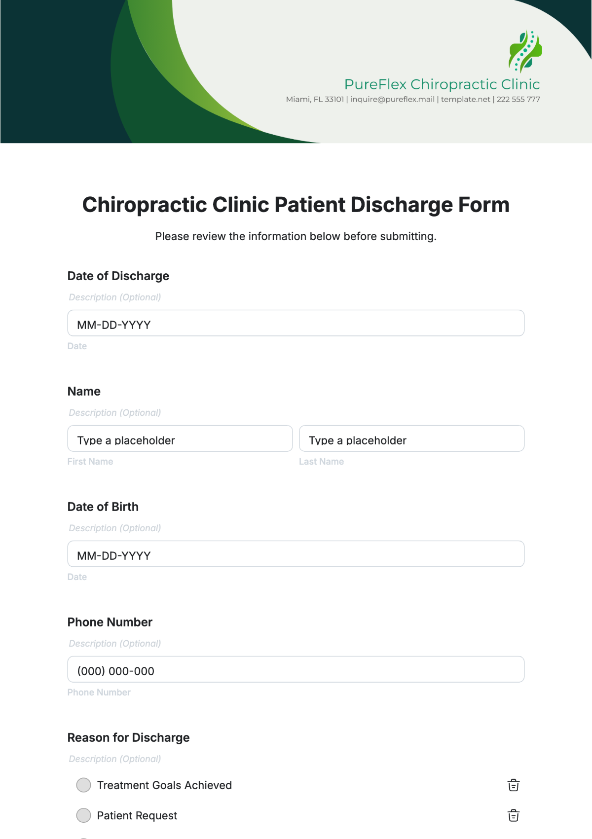 Chiropractic Clinic Patient Discharge Form Template - Edit Online & Download