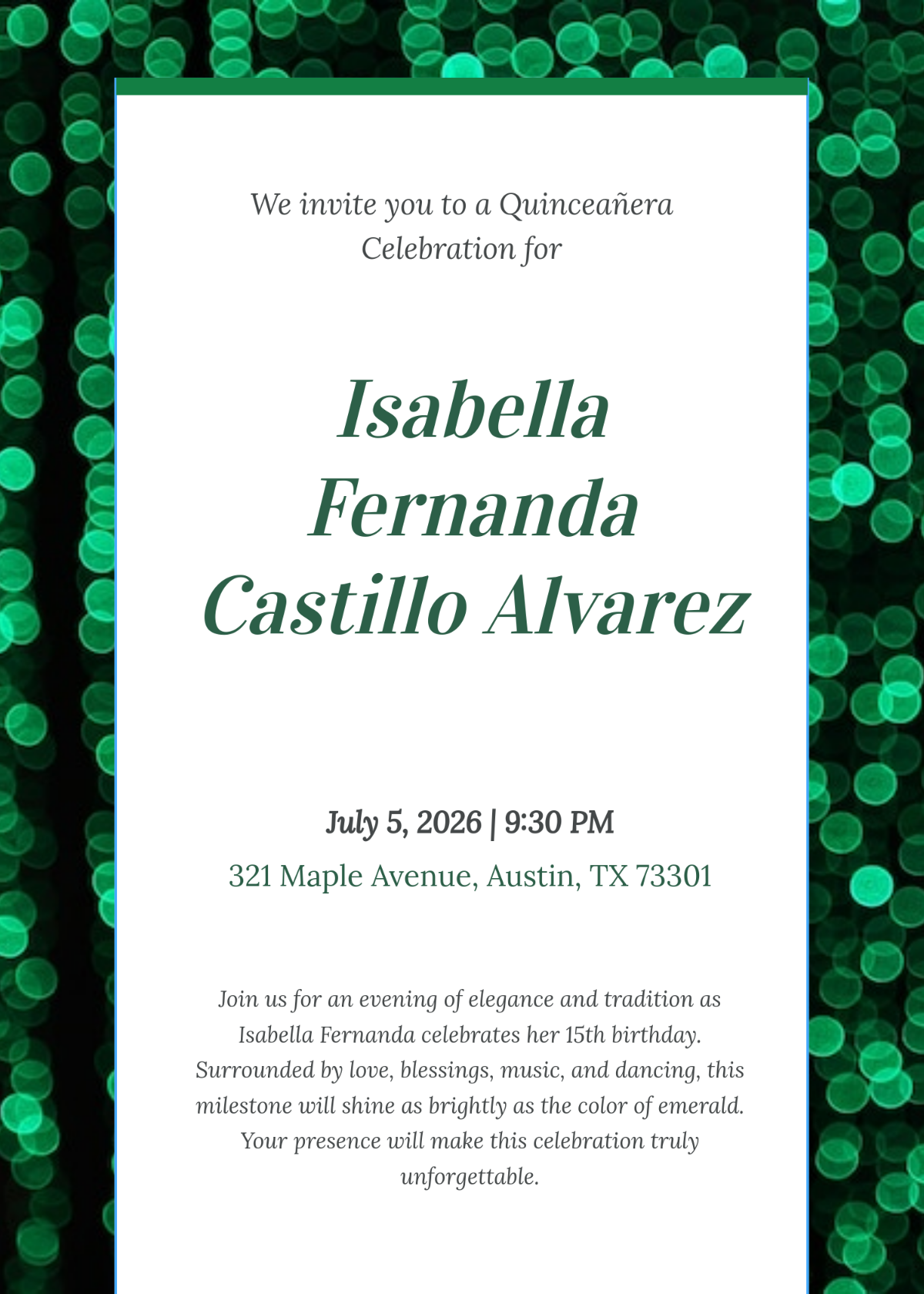 Free Emerald Green Quinceañera Invitation Template to Edit Online