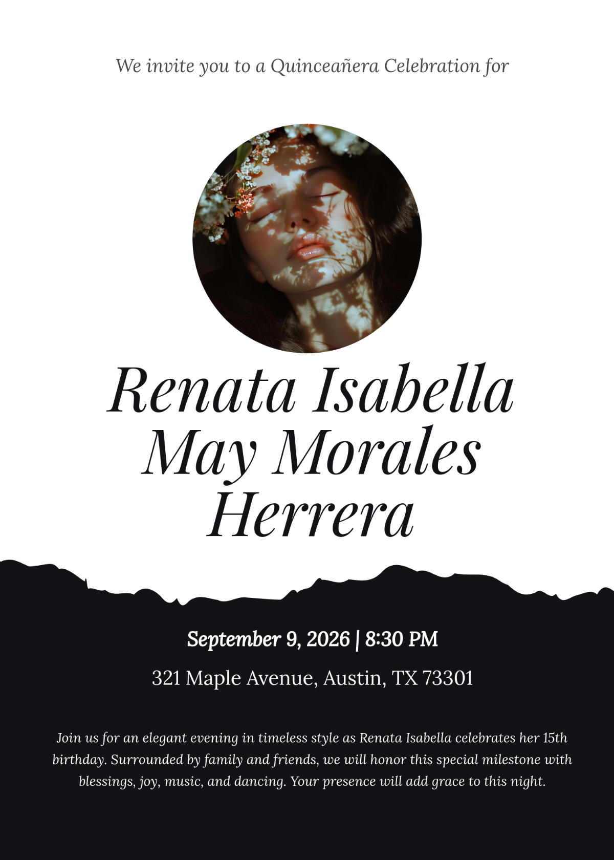 Free Black and White Quinceañera Invitation Template to Edit Online