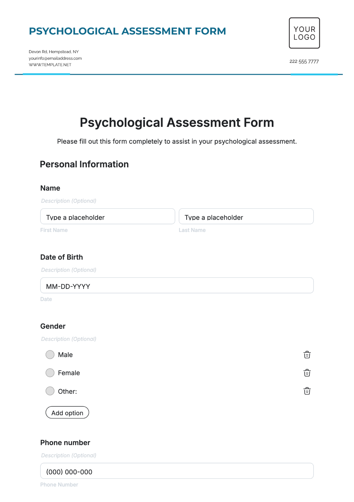 Psychological Assessment Form Template - Edit Online & Download