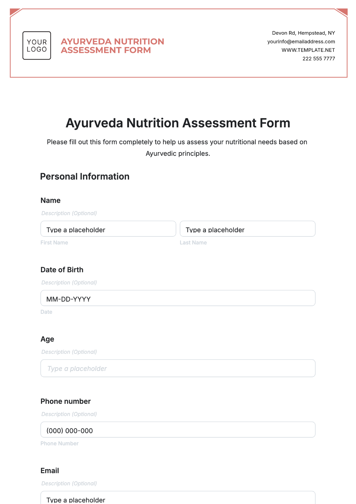 Ayurveda Nutrition Assessment Form Template - Edit Online & Download