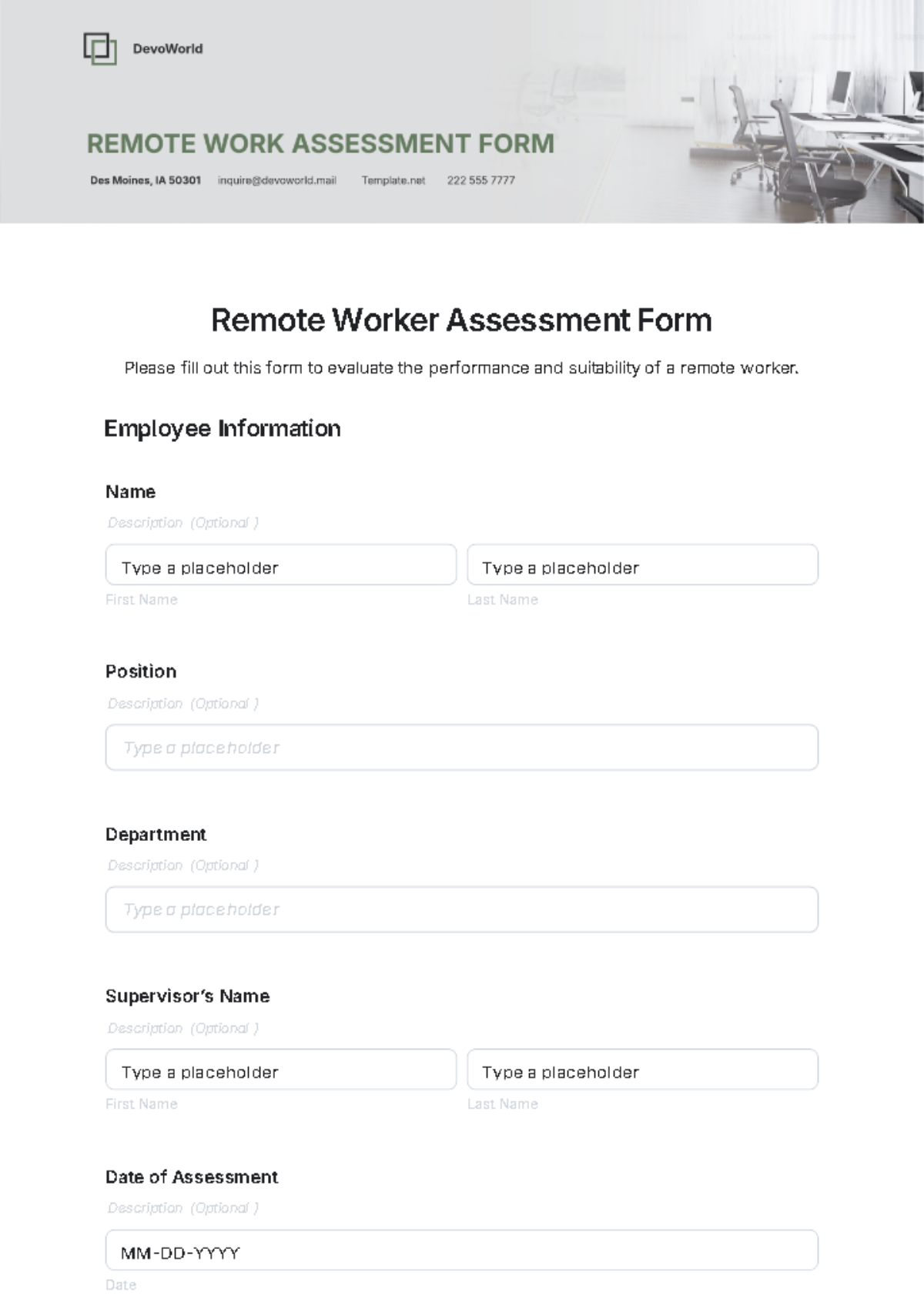 Remote Worker Assessment Form Template - Edit Online & Download