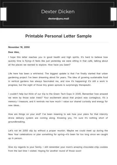 Free Printable Personal Letter Sample Template to Edit Online