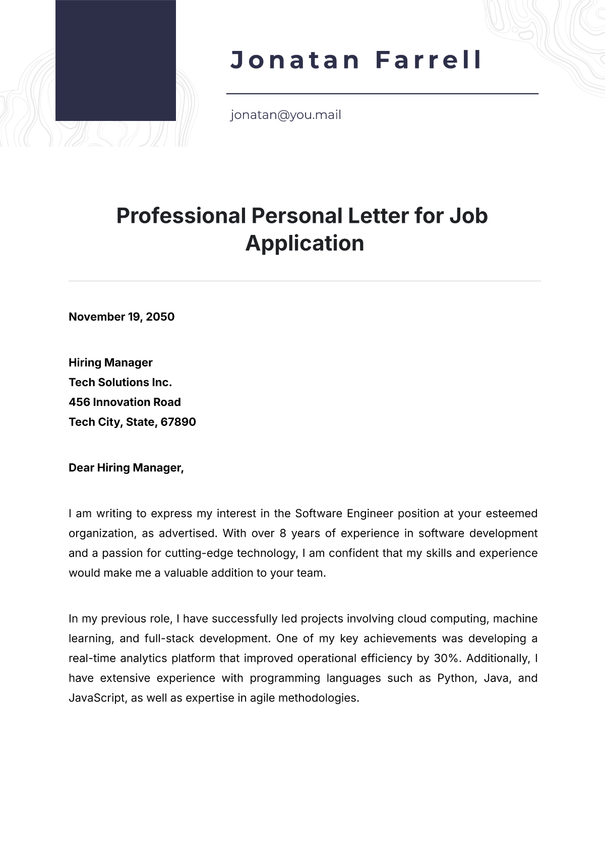 Professional Personal Letter Template for Job Application - Edit Online & Download