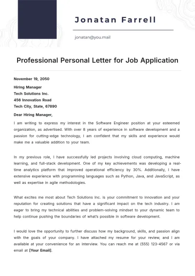 Free Professional Personal Letter Template for Job Application to Edit Online