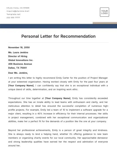 Free Personal Letter for Recommendation Template to Edit Online