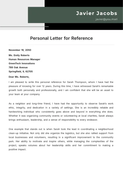 Free Personal Letter for Reference Template to Edit Online