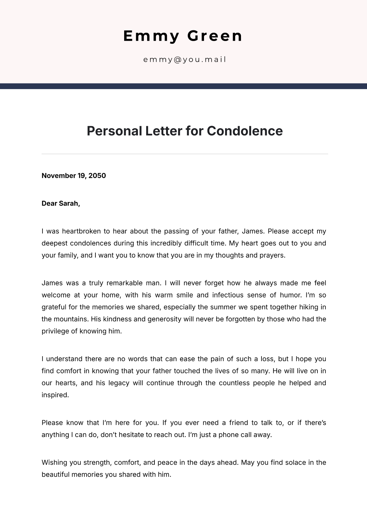 Personal Letter Template for Condolence - Edit Online & Download