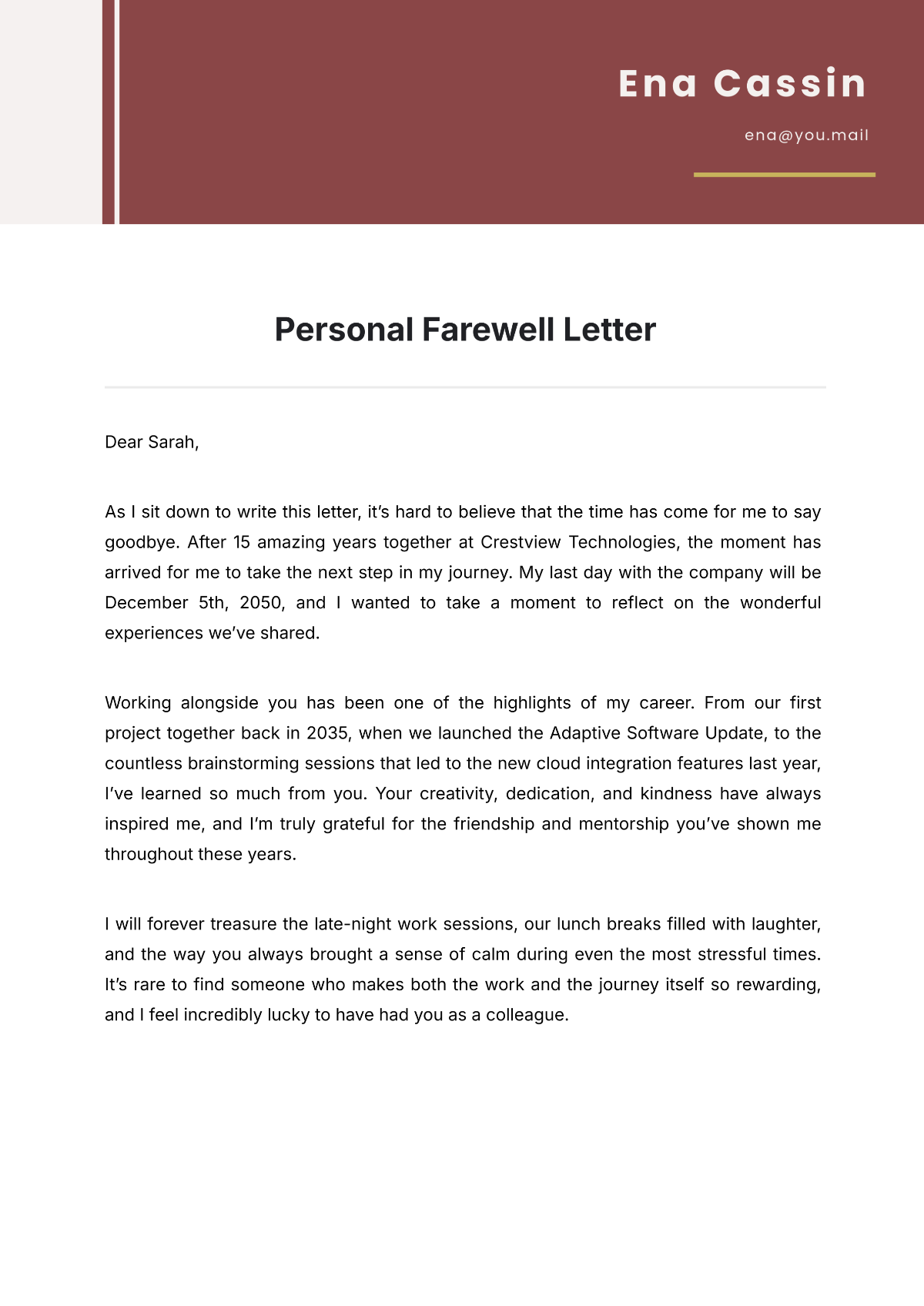 Personal Farewell Letter Template - Edit Online & Download