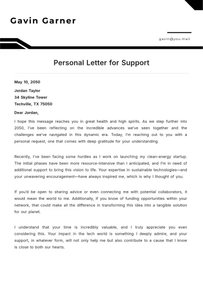 Free Personal Letter for Support Template to Edit Online