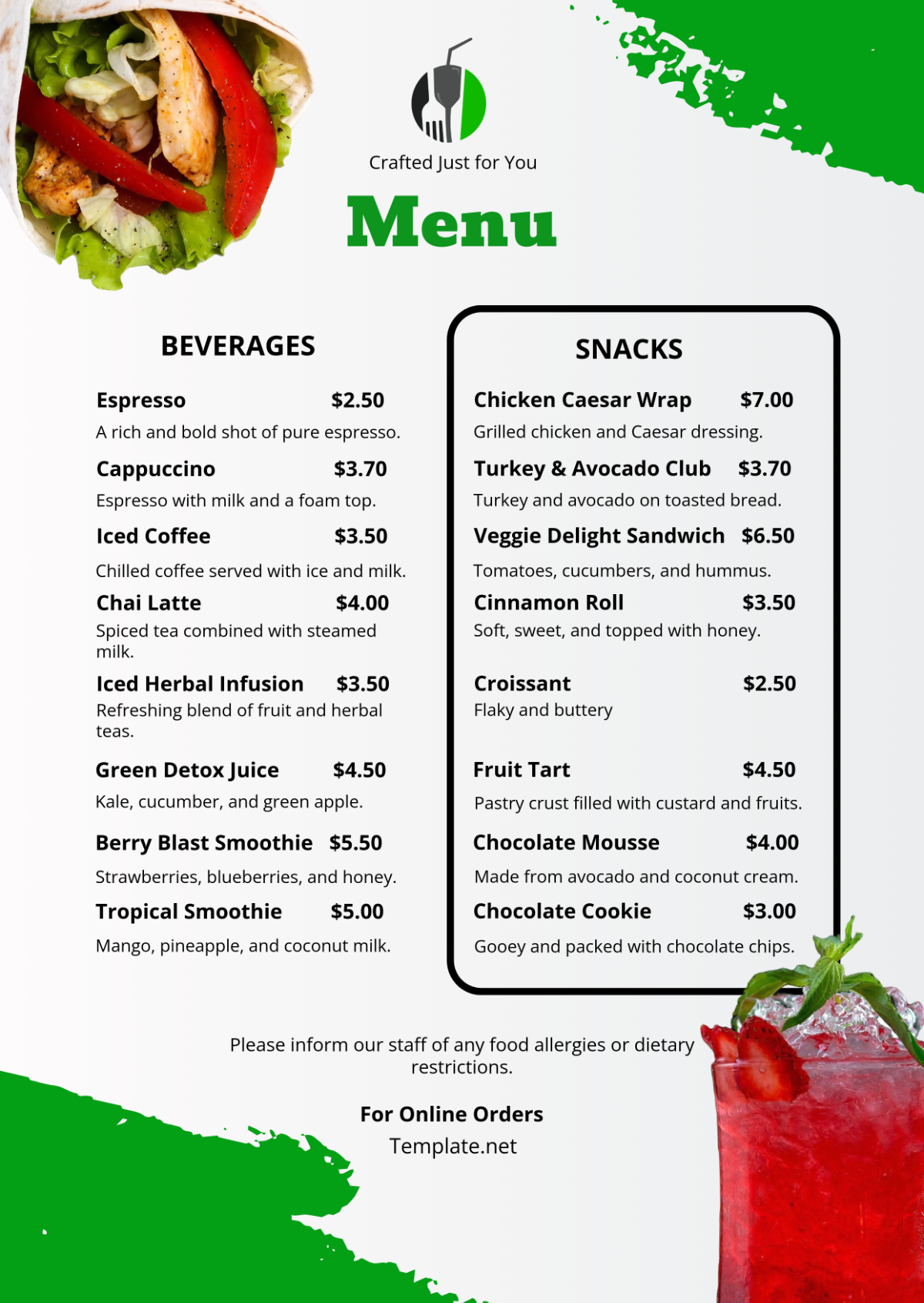 Food and Beverage Menu