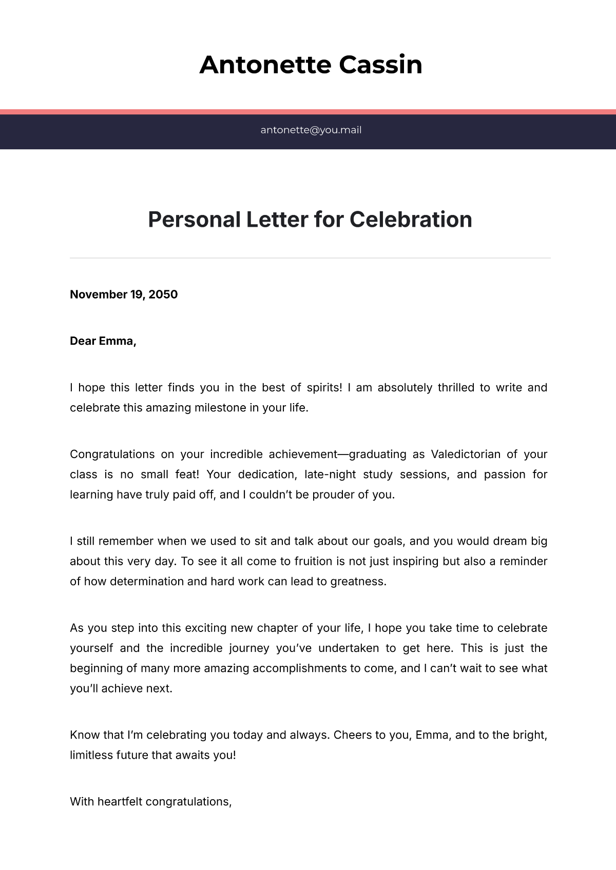 Personal Letter Template for Celebration - Edit Online & Download