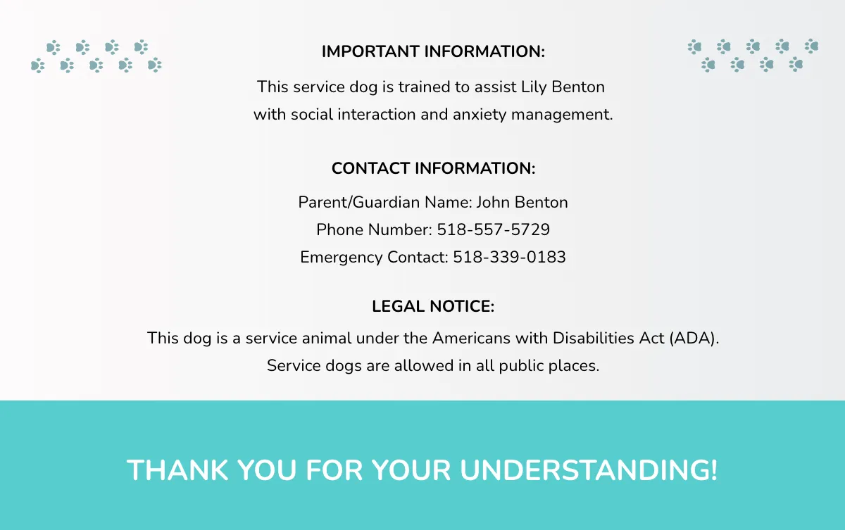 Free Modern Service Dog ID Card for Kids Template to Edit Online