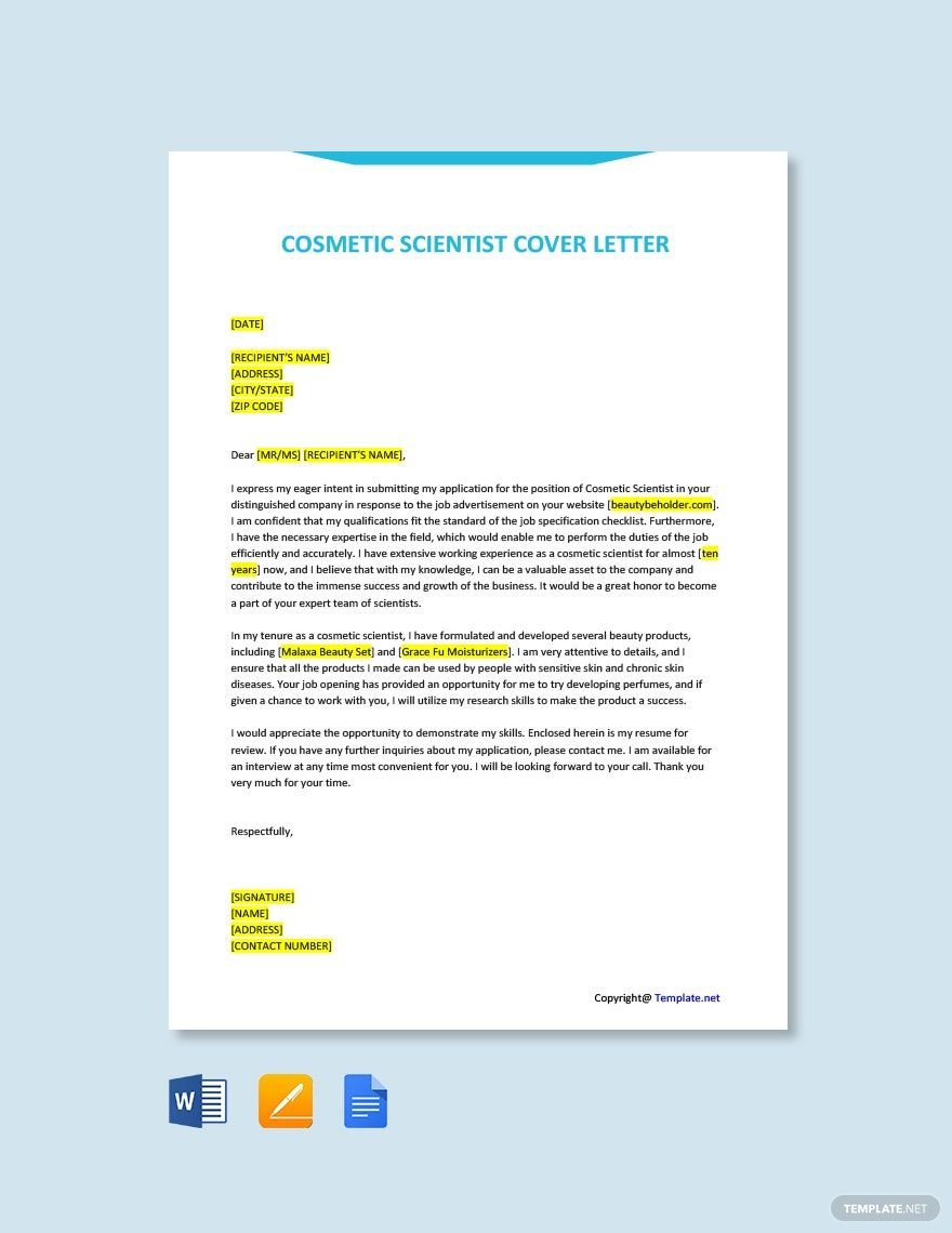 Cosmetic Scientist Cover Letter
