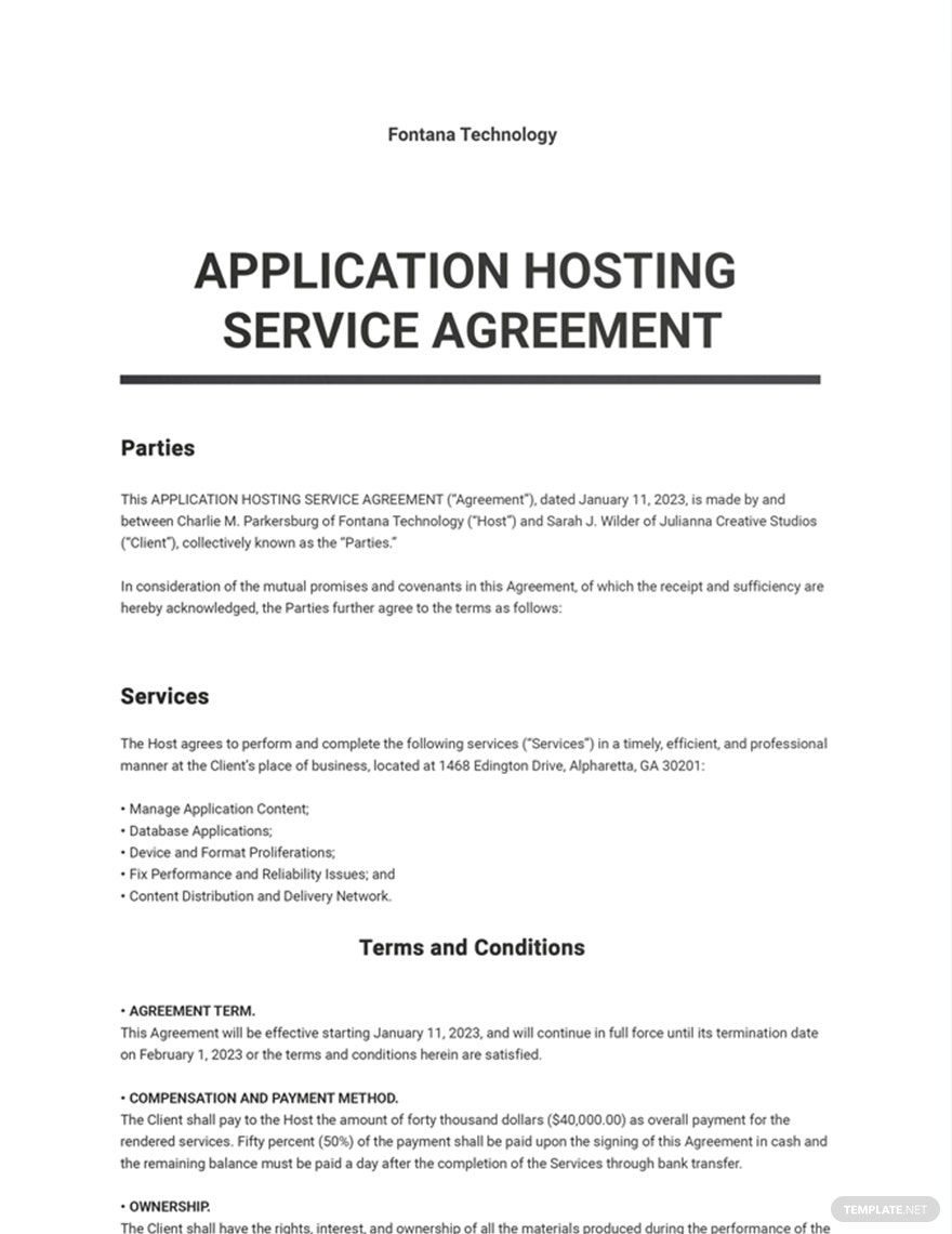 Application Hosting Service Agreement Template