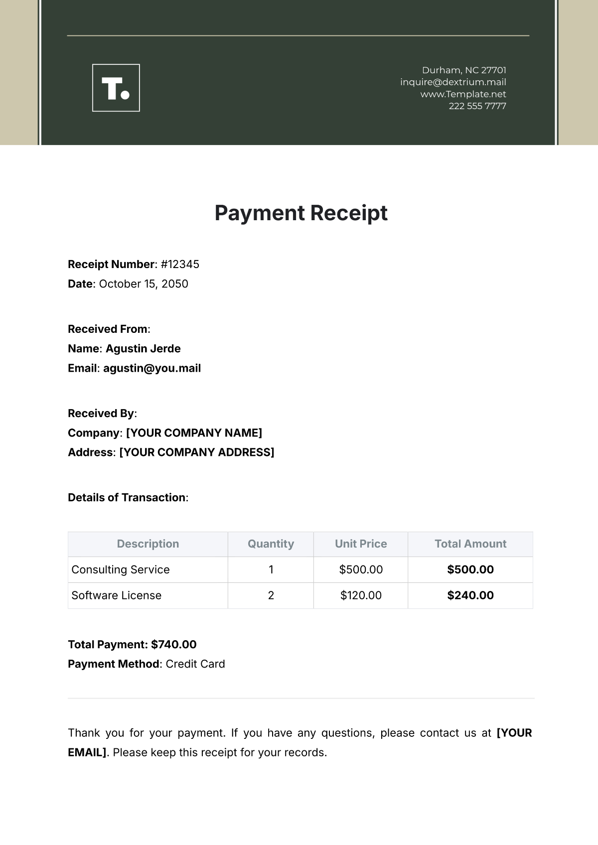 Payment Receipt Template - Edit Online & Download