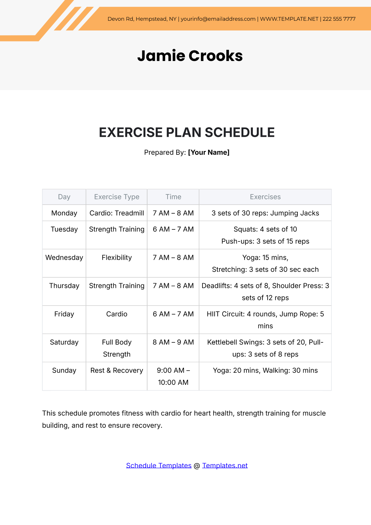 Exercise Plan Schedule Template - Edit Online & Download