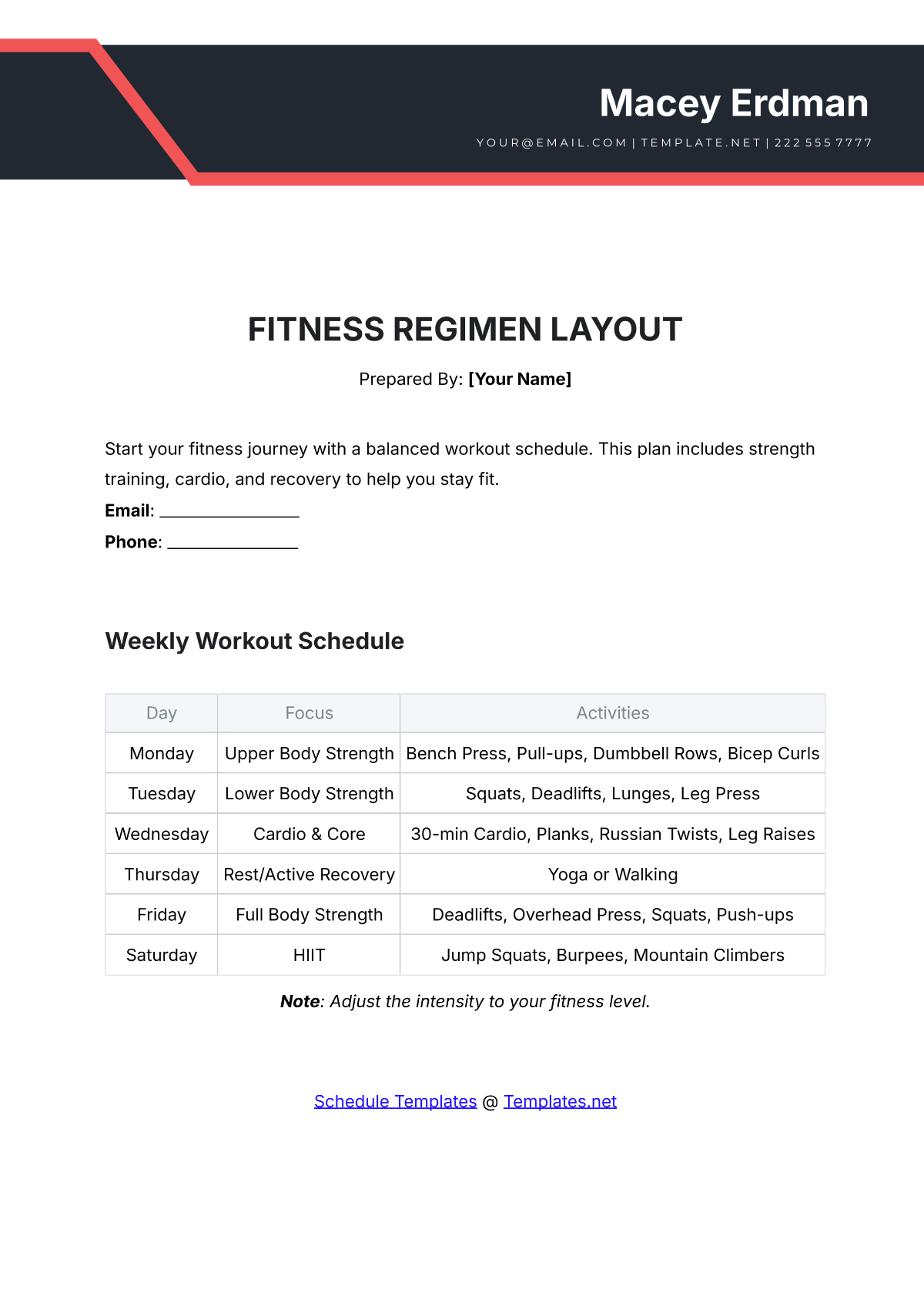 Fitness Regimen Layout Template - Edit Online & Download