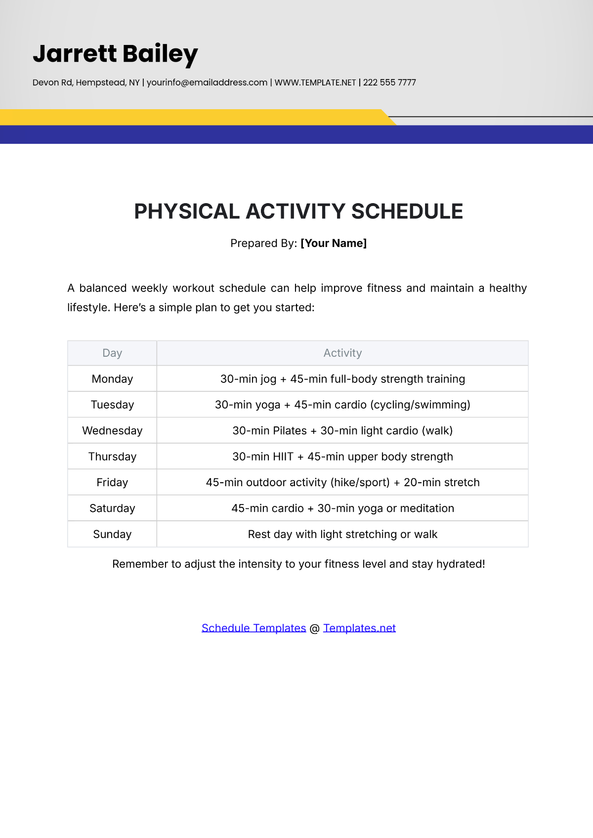 Physical Activity Schedule Template - Edit Online & Download