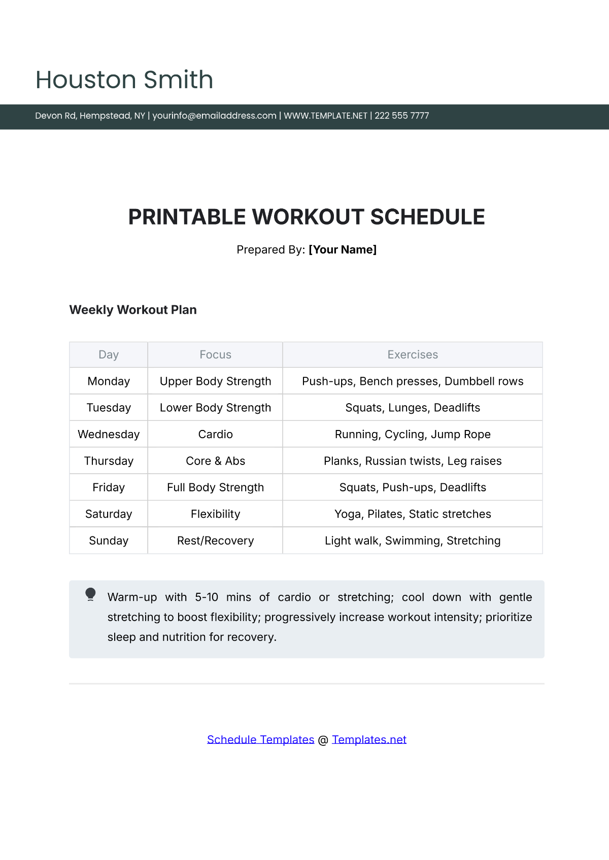 Printable Workout Schedule Template - Edit Online & Download