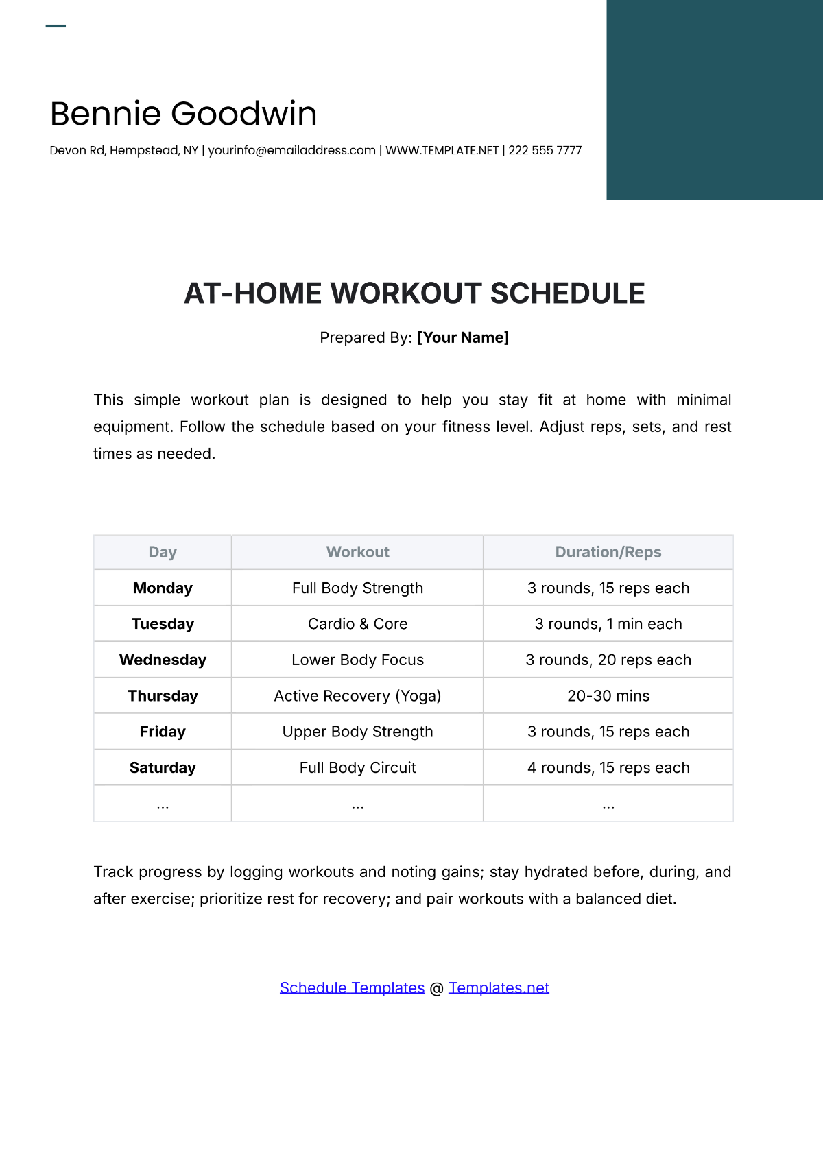 At-Home Workout Schedule Template - Edit Online & Download