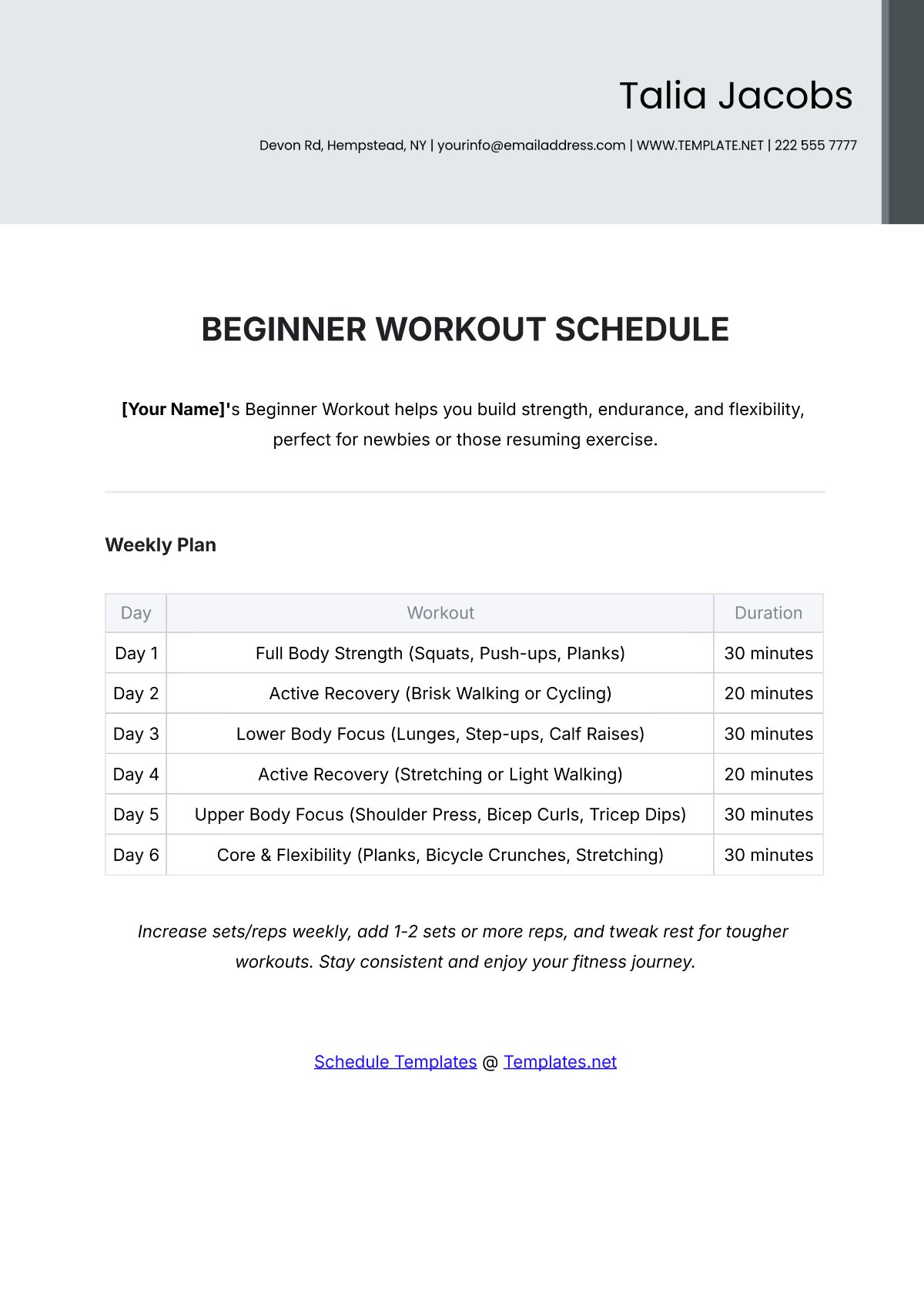 Beginner Workout Schedule Template - Edit Online & Download