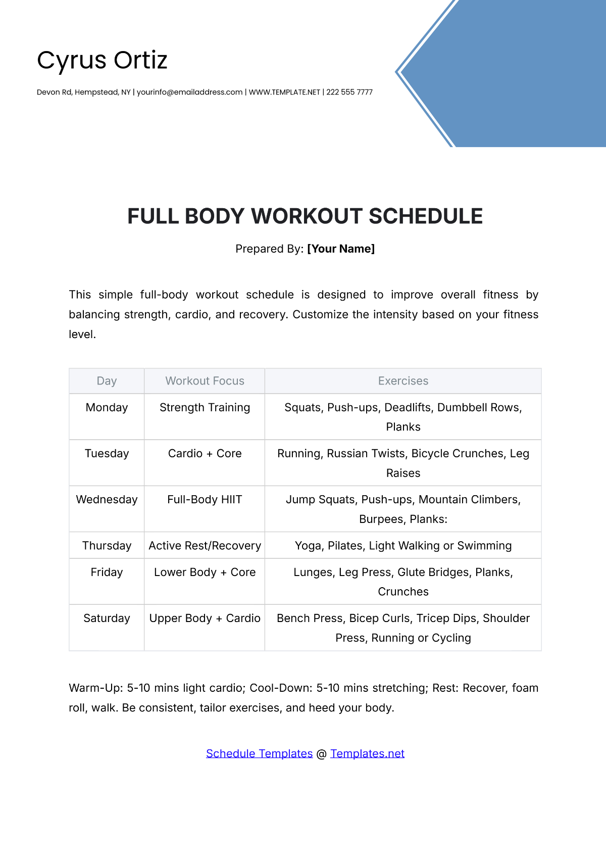 Full-Body Workout Schedule Template - Edit Online & Download