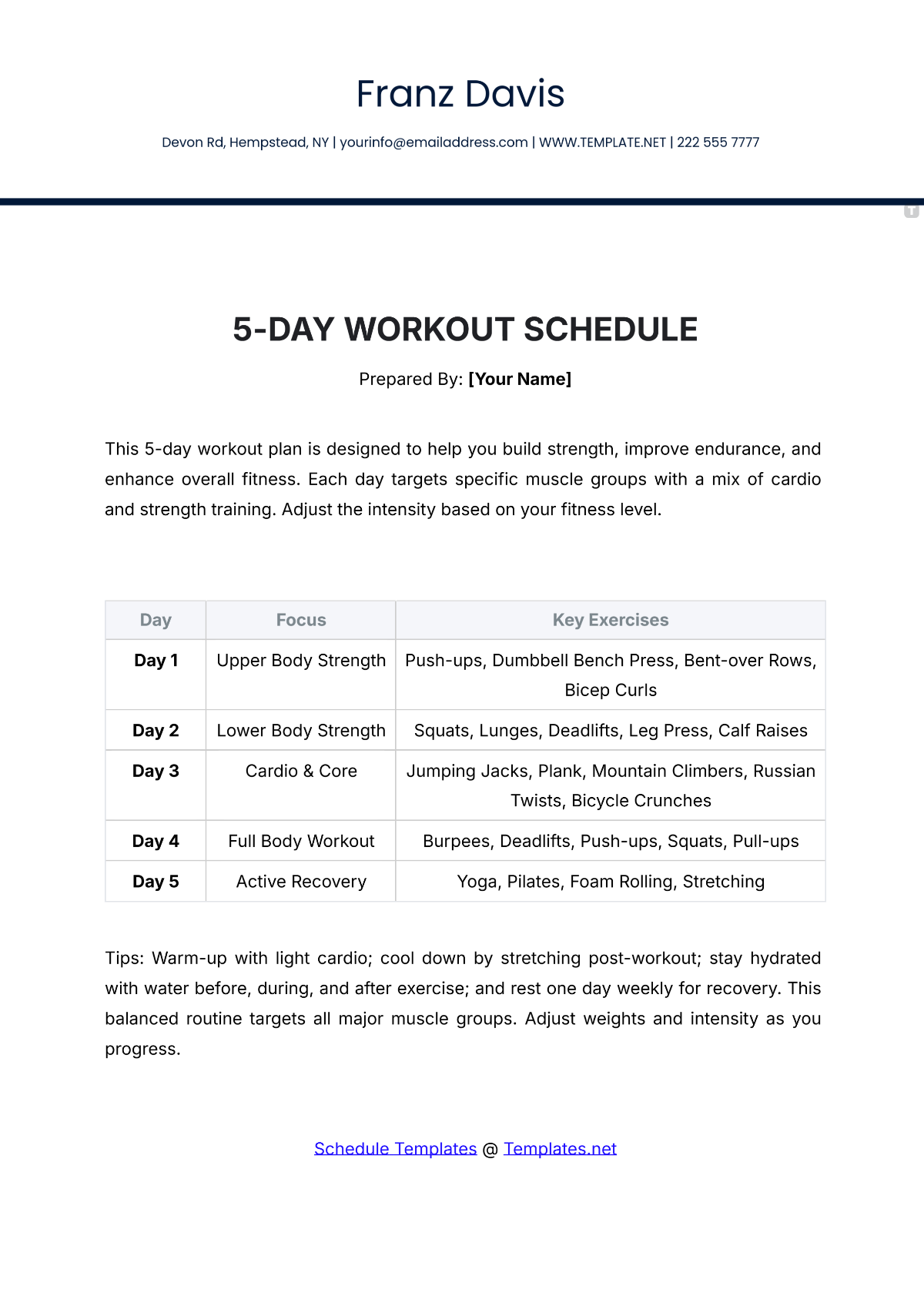 5-Day Workout Schedule Template - Edit Online & Download