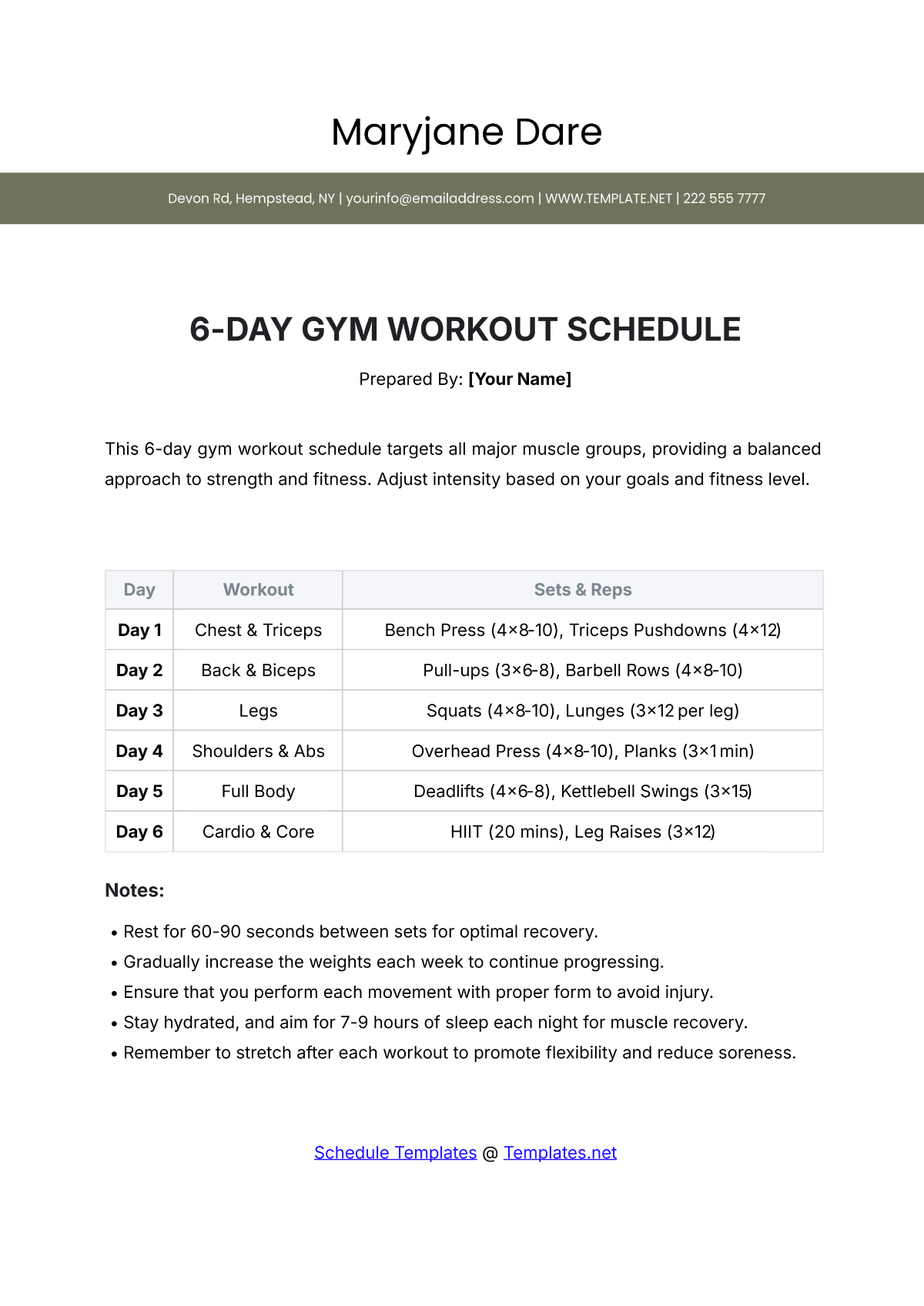 6-Day Gym Workout Schedule Template - Edit Online & Download