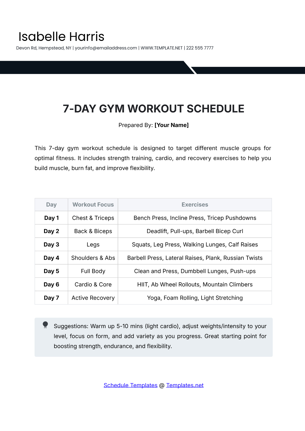 7-Day Gym Workout Schedule Template - Edit Online & Download