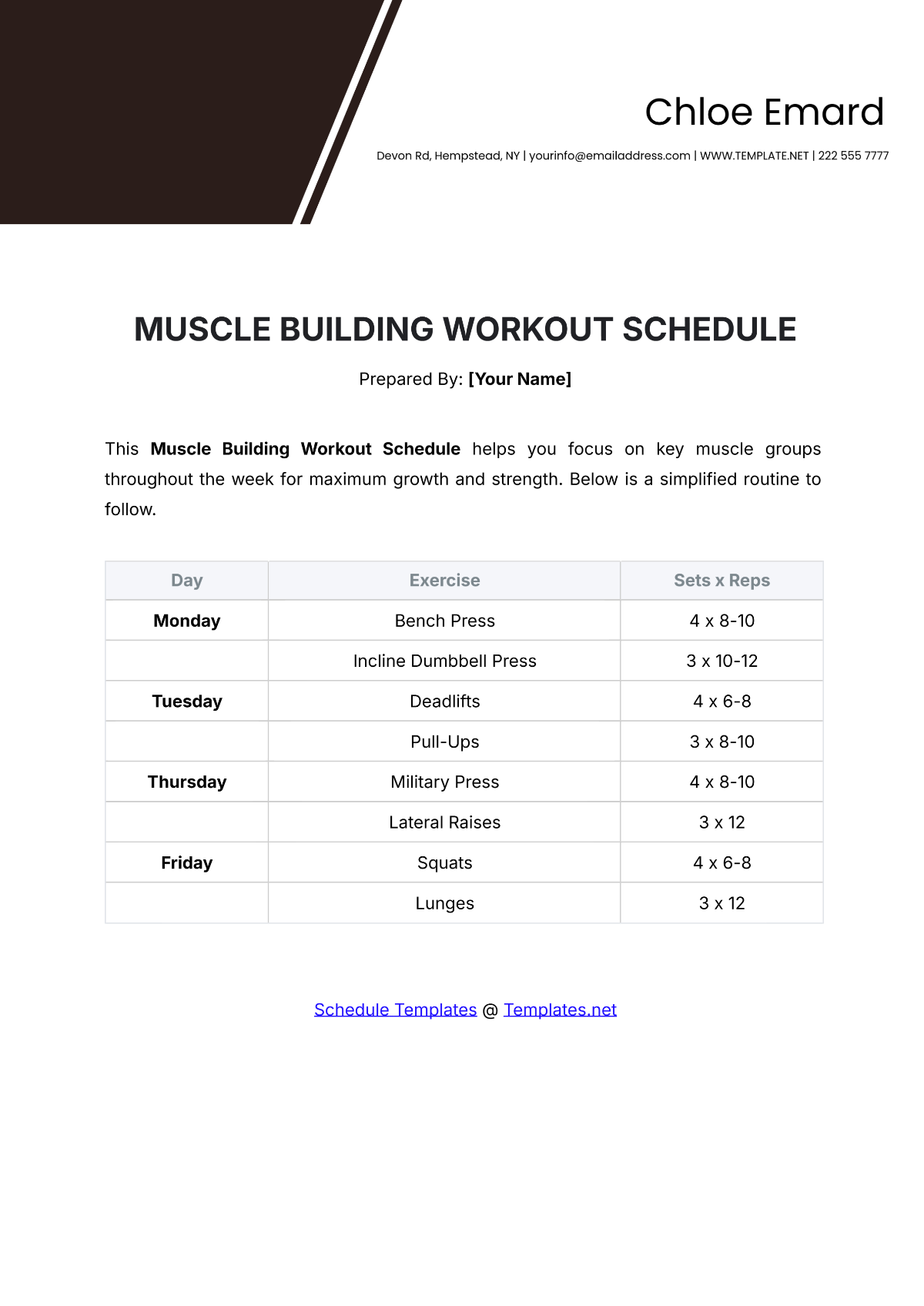 Muscle Building Workout Schedule Template - Edit Online & Download