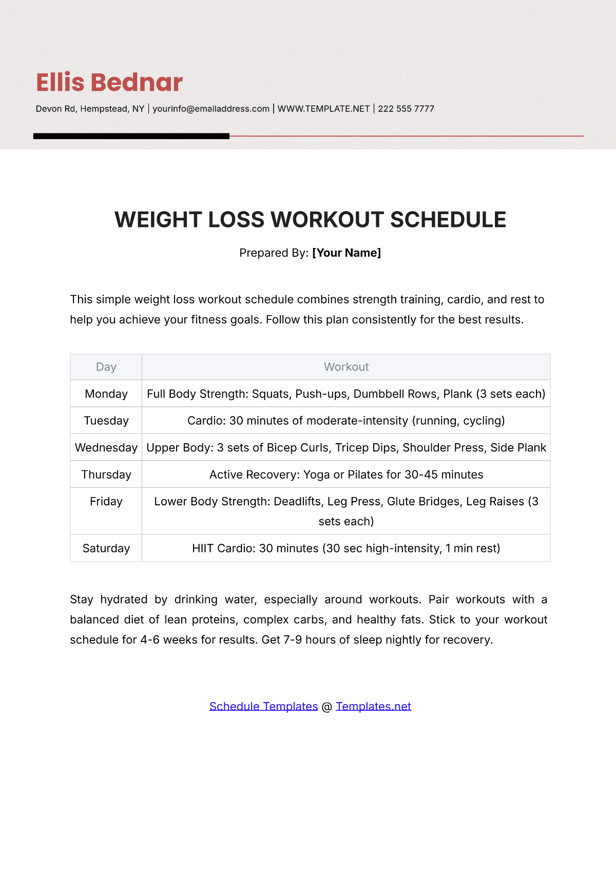 Weight Loss Workout Schedule Template - Edit Online & Download