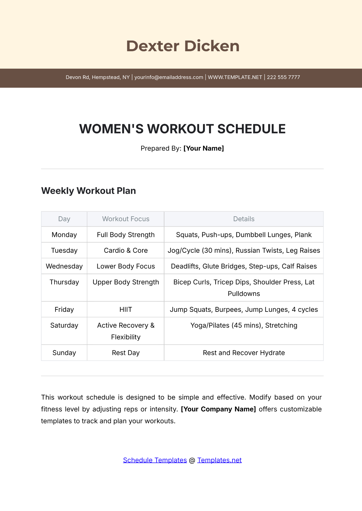 Women's Workout Schedule Template - Edit Online & Download