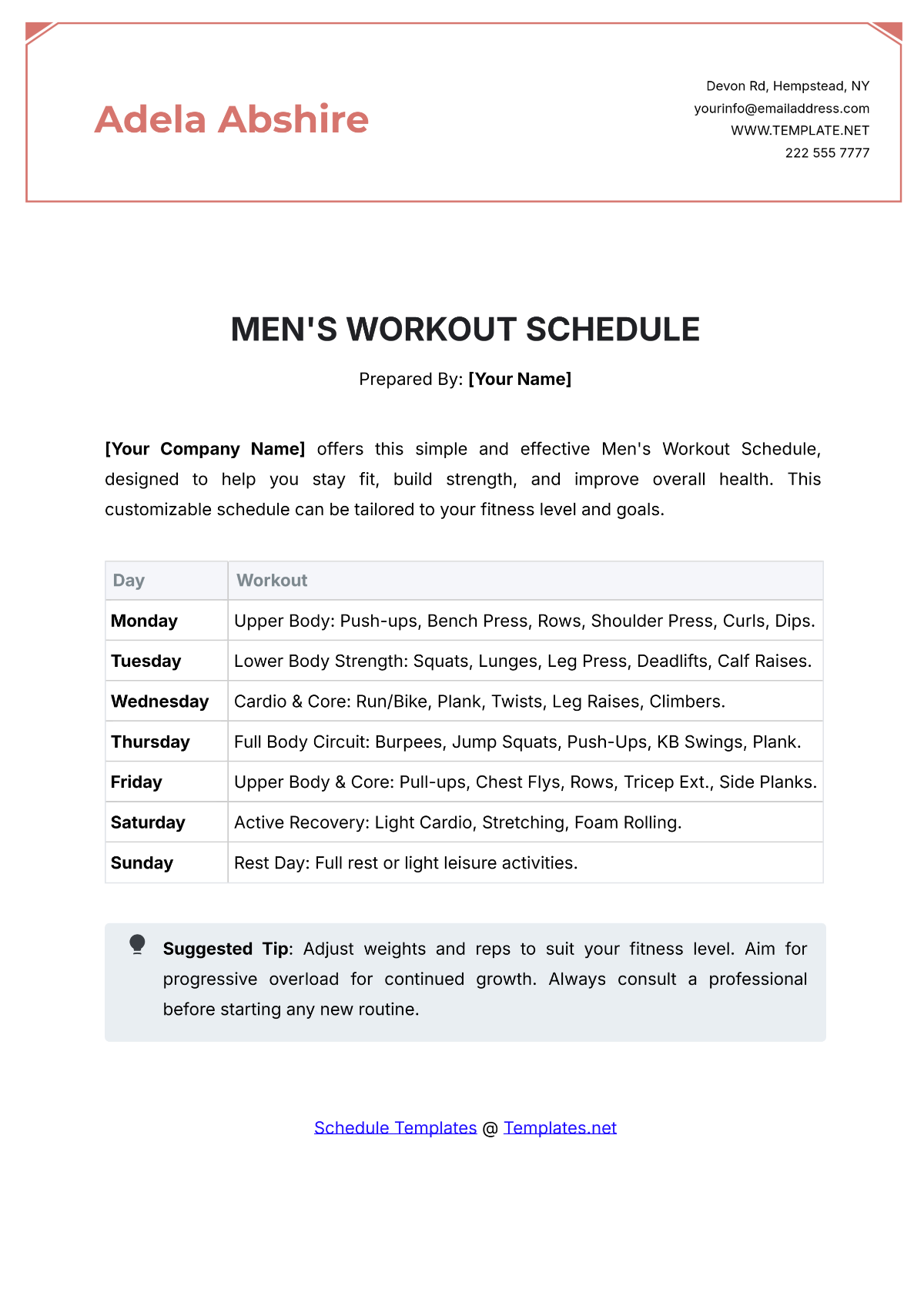 Men's Workout Schedule Template - Edit Online & Download