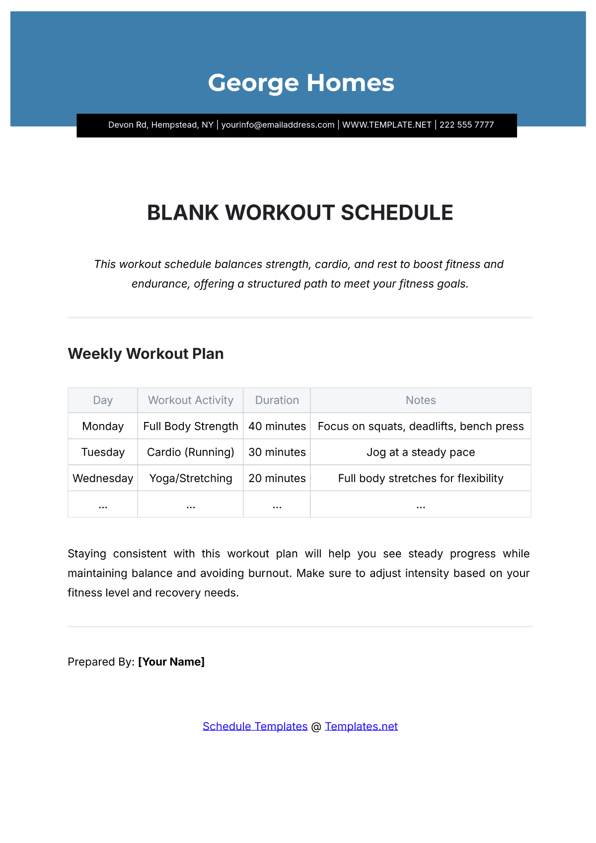 Blank Workout Schedule Template - Edit Online & Download