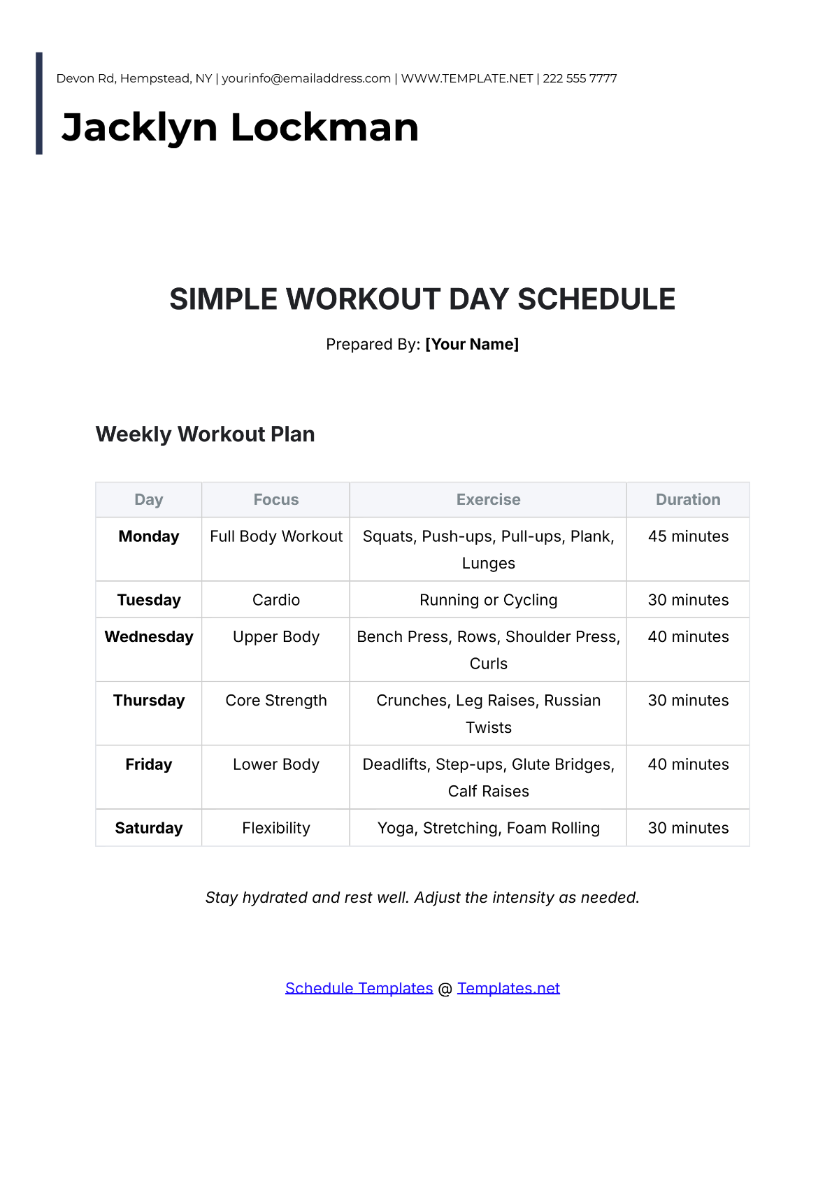 Simple Workout Days Schedule Template - Edit Online & Download