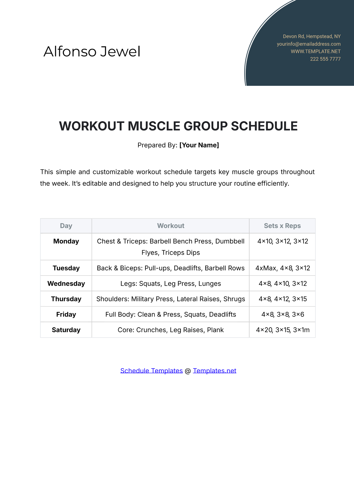 Workout Muscle Group Schedule Template - Edit Online & Download