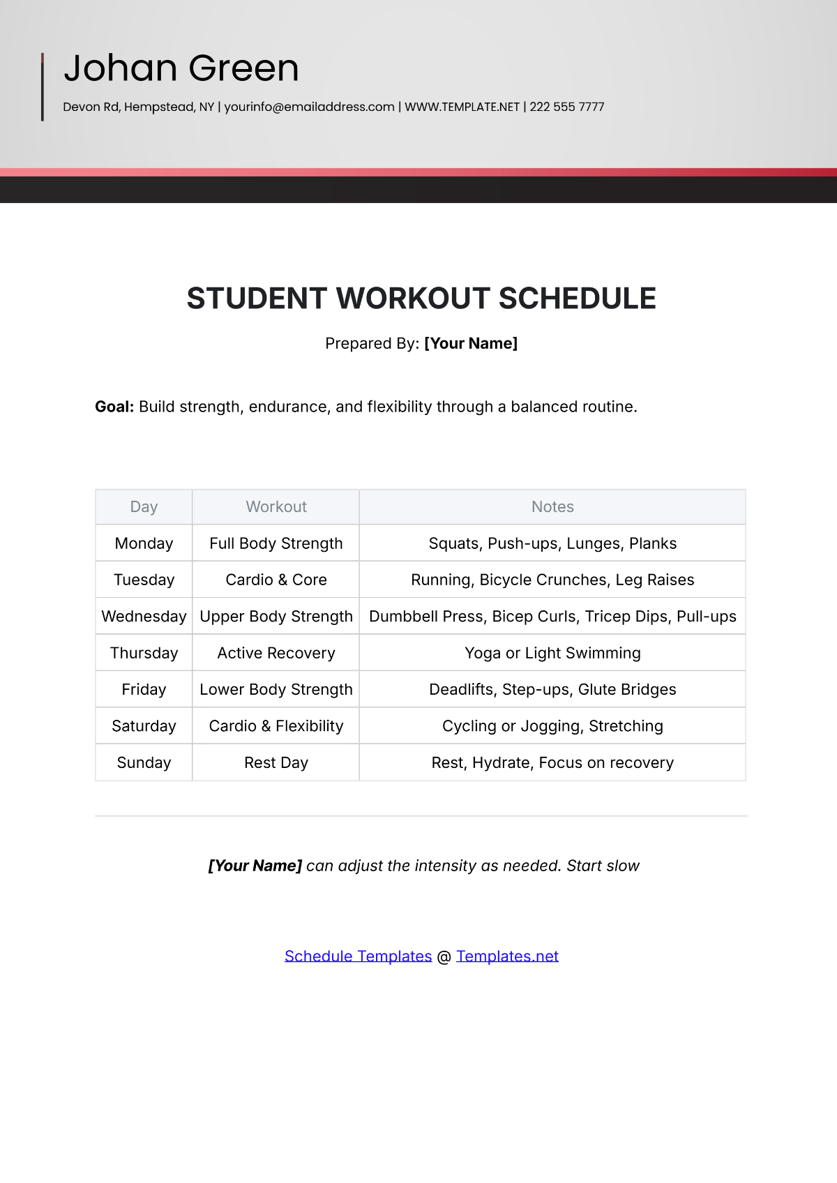 Student Workout Schedule Template - Edit Online & Download