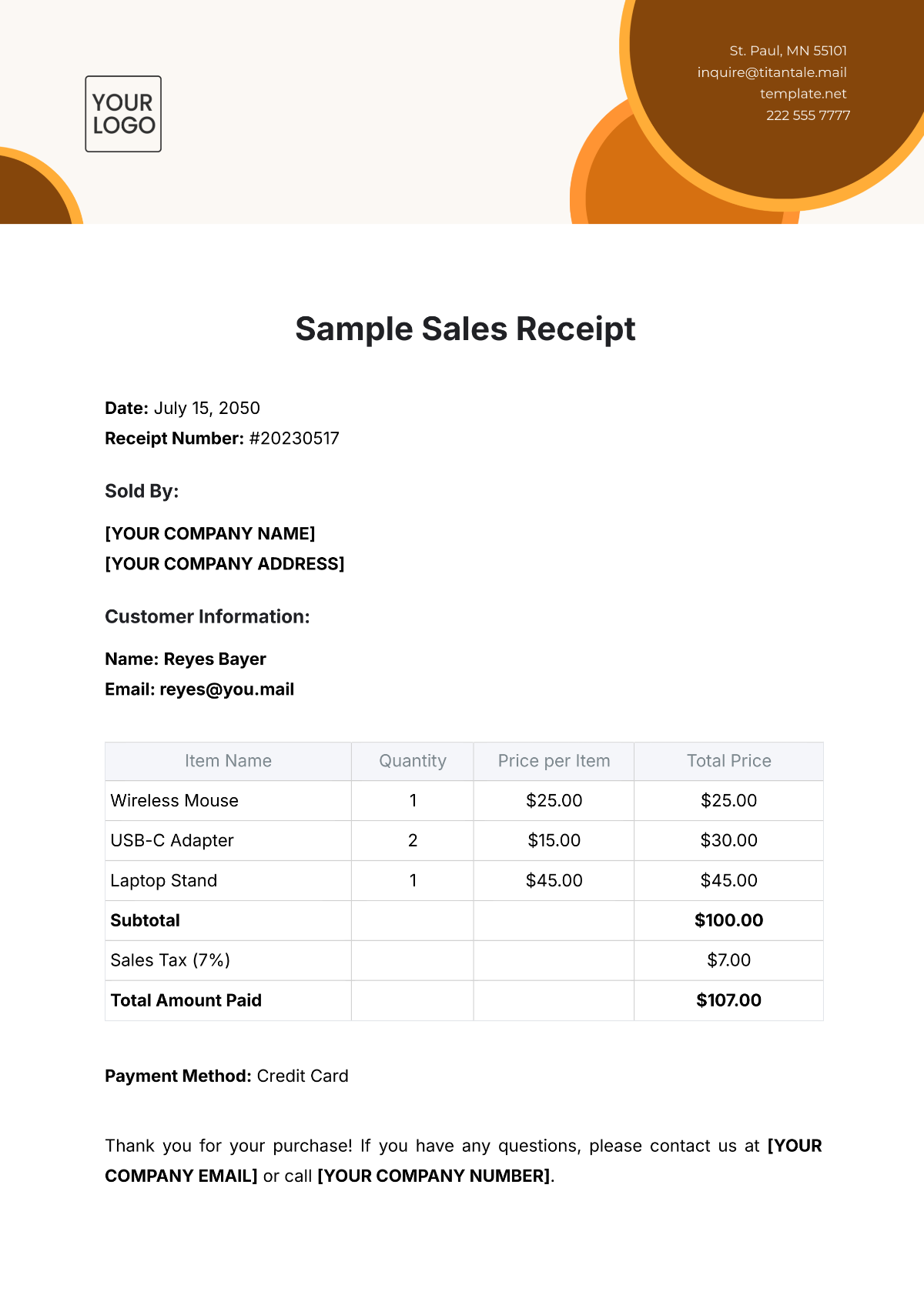 Sample Sales Receipt Template - Edit Online & Download