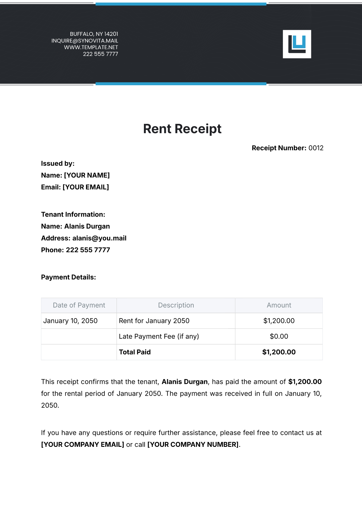 Rent Receipt Template - Edit Online & Download