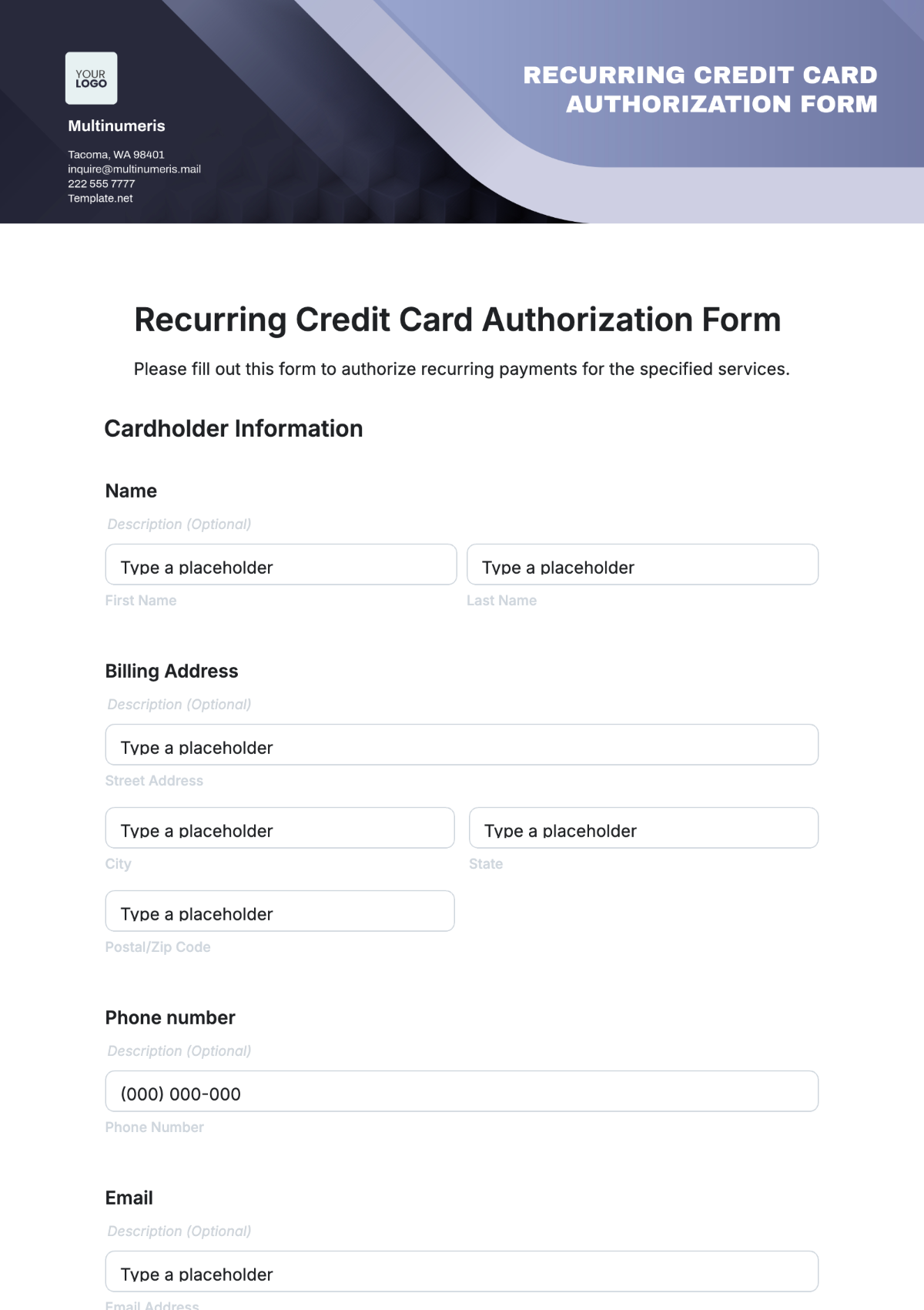 Recurring Credit Card Authorization Form Template - Edit Online & Download