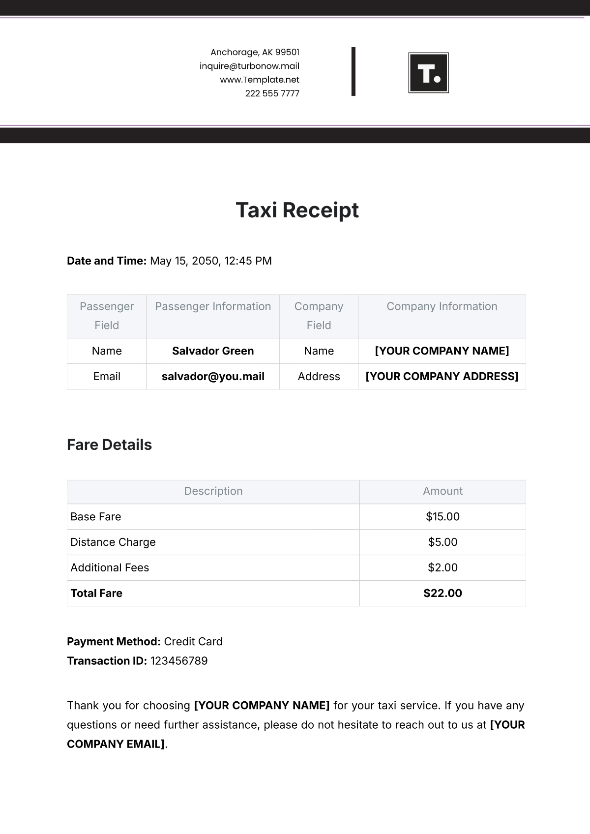 Taxi Receipt Template - Edit Online & Download