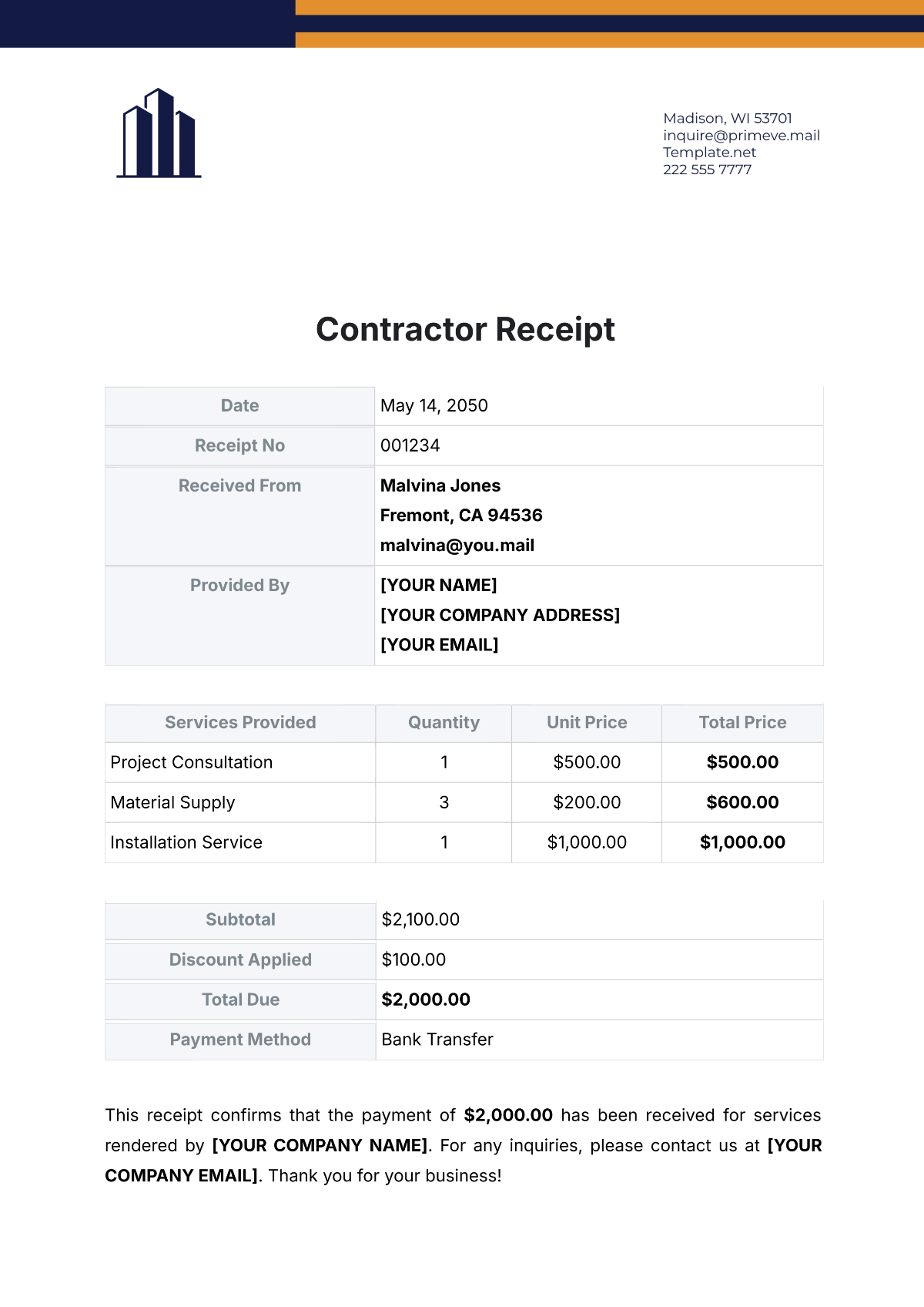 Contractor Receipt Template - Edit Online & Download