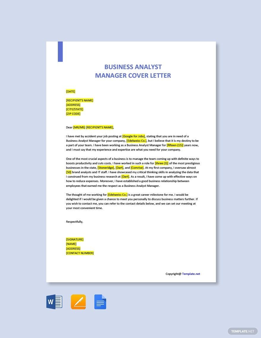 Business Analyst Manager Cover Letter Template