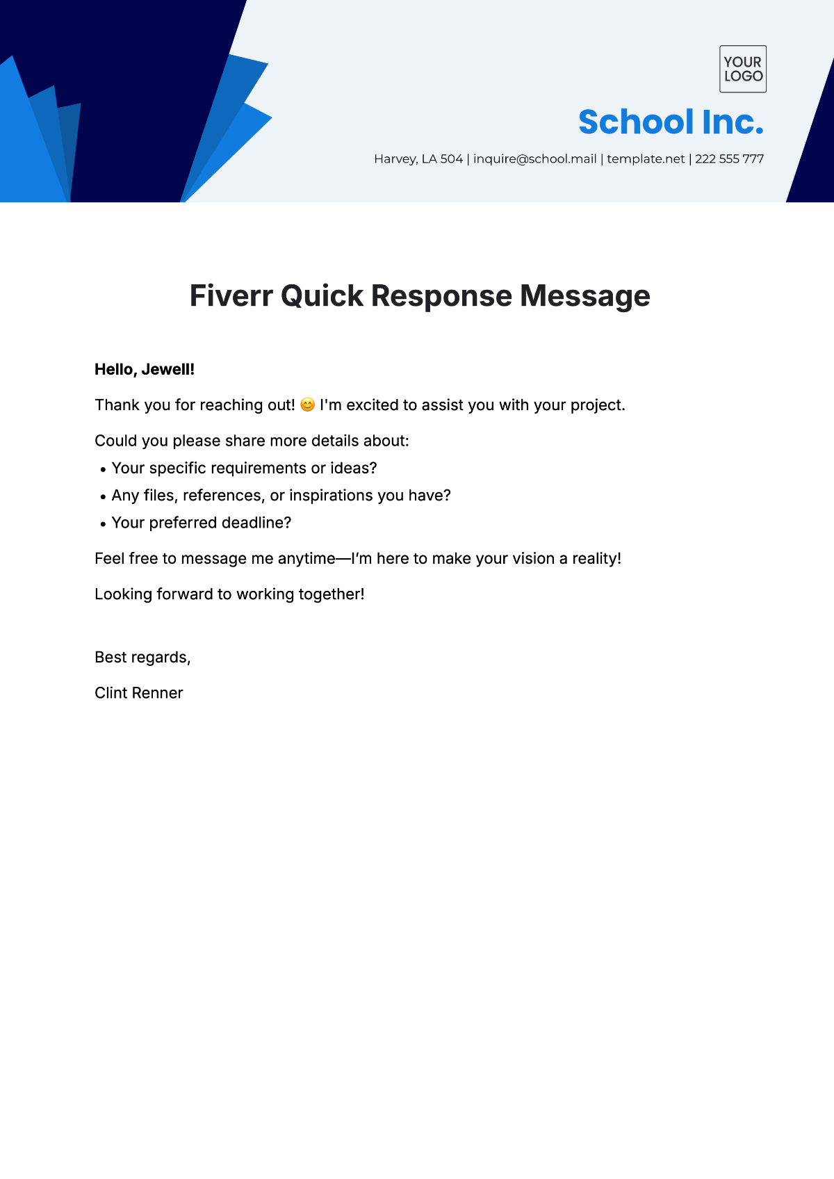 Fiverr Quick Response Message Template - Download | Template.net